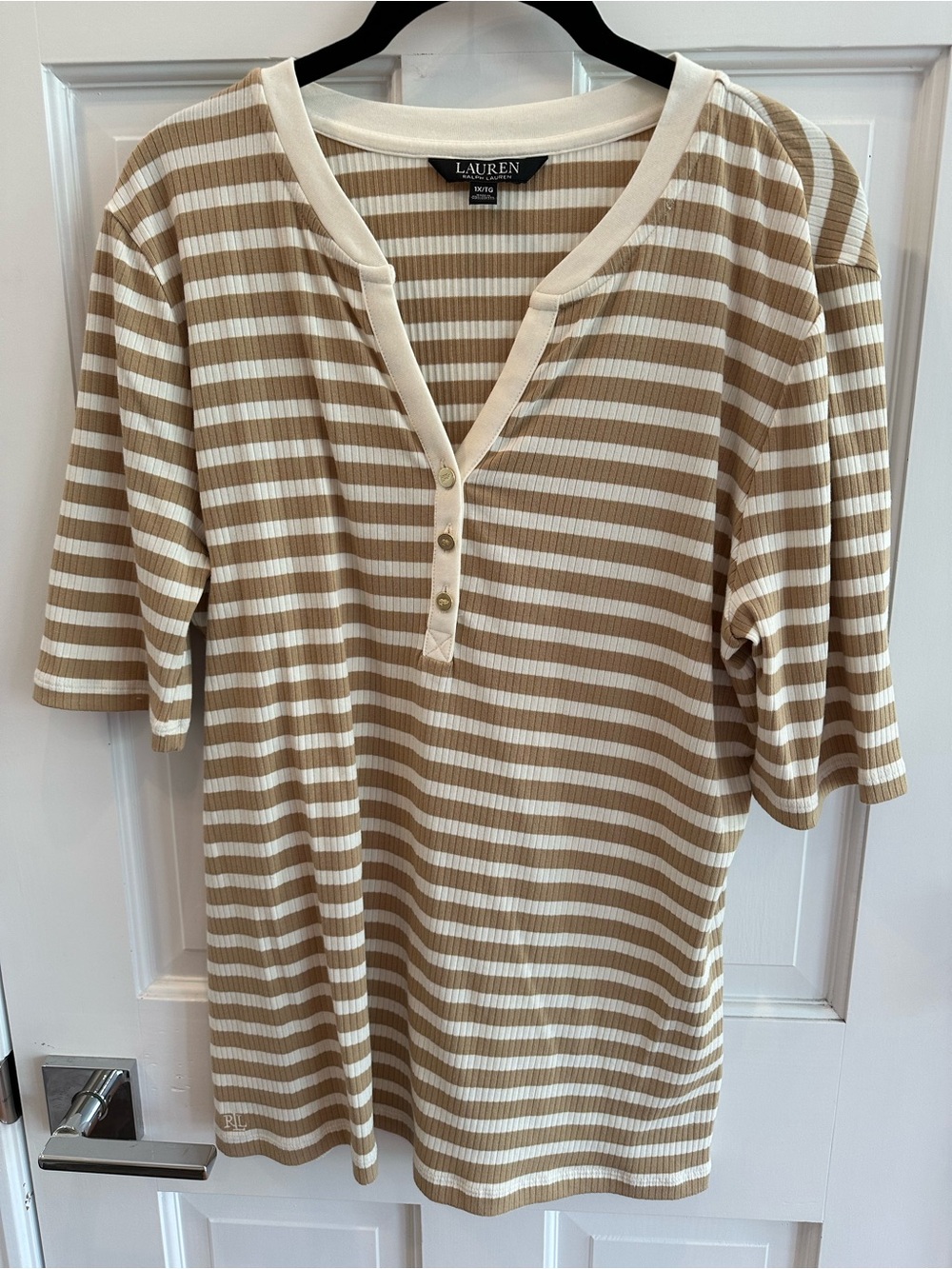 Ralph Lauren Striped Henley Tee in Cream and Tan